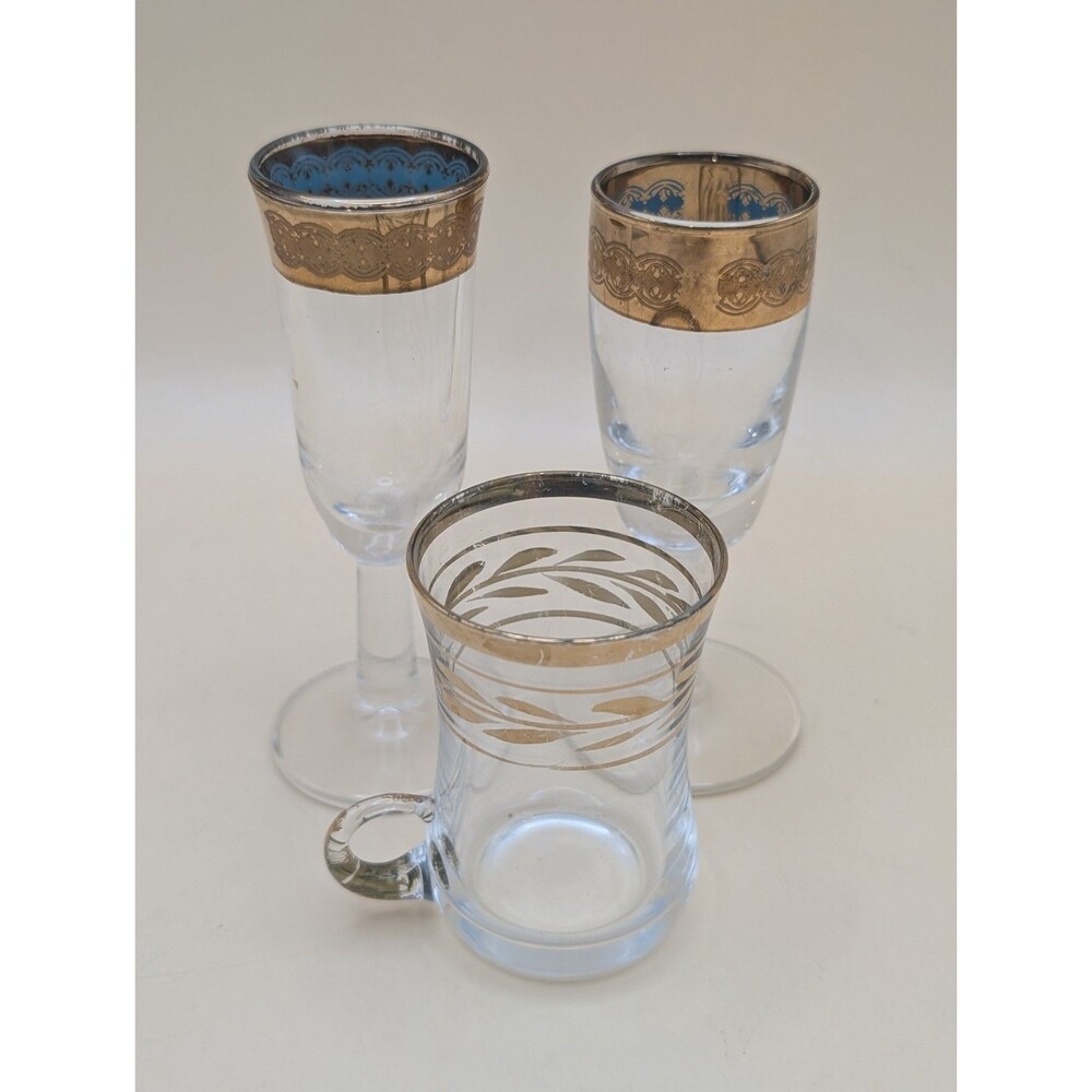 Vintage Gold-Rimmed Cordial Liqueur Glasses  Moroccan  Pair  Aqua Inside Lot 3
